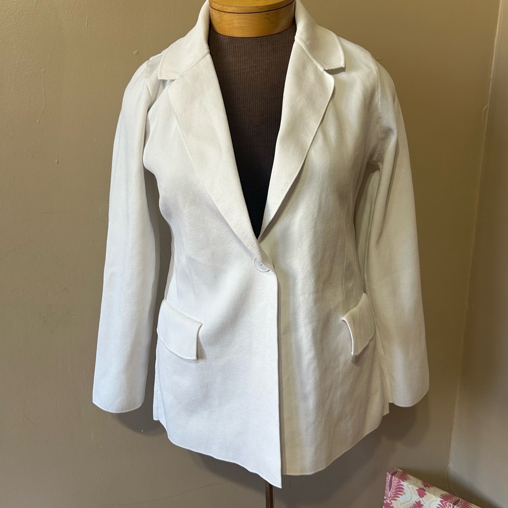 EXLURA White Ribbed Sweater Blazer Cardigan With Pockets Office Minimalist Small